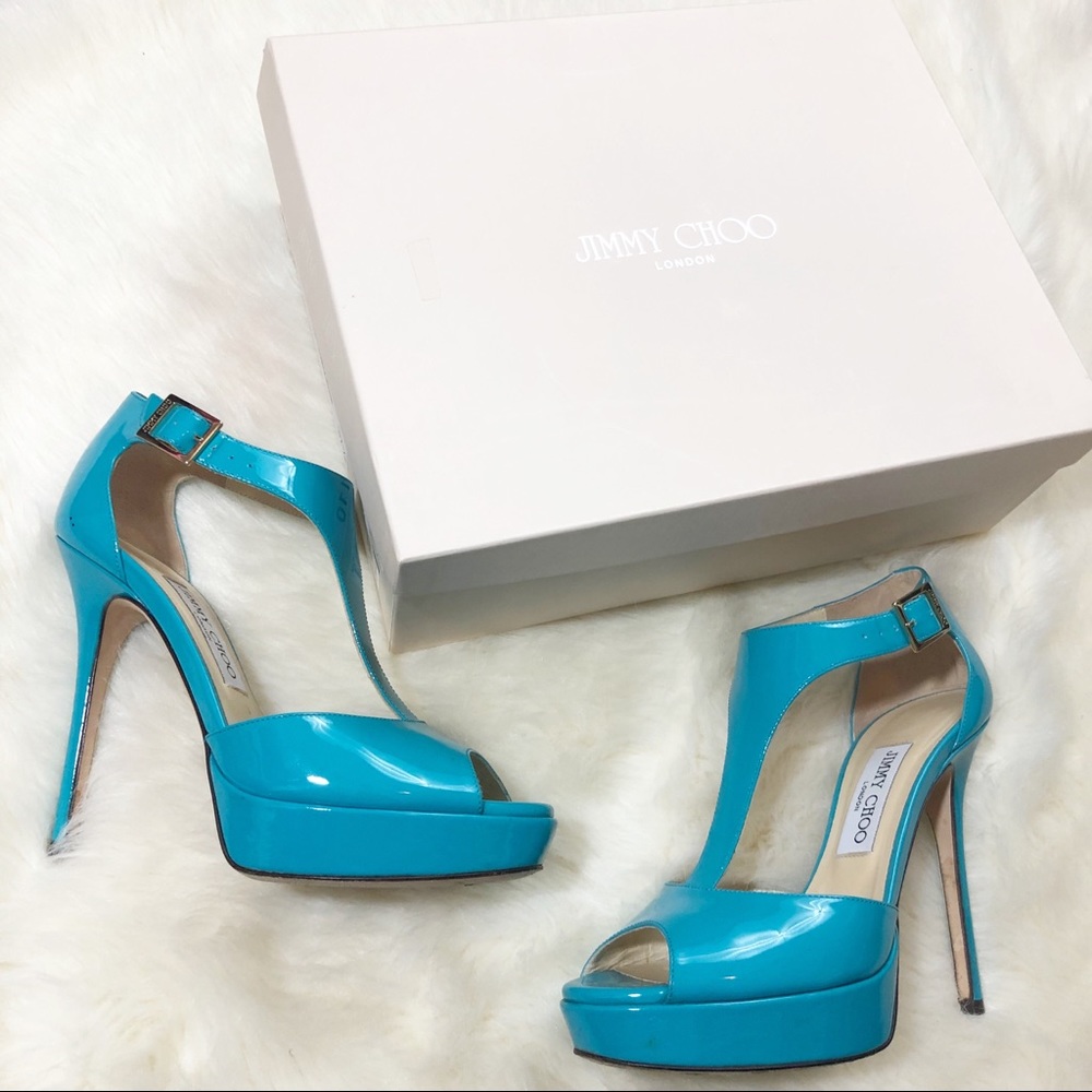 •Jimmy Choo Turquoise T-Strap Open Toe Heels•